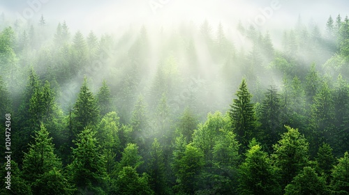 Misty Forest with Sunlight Beams Through Trees