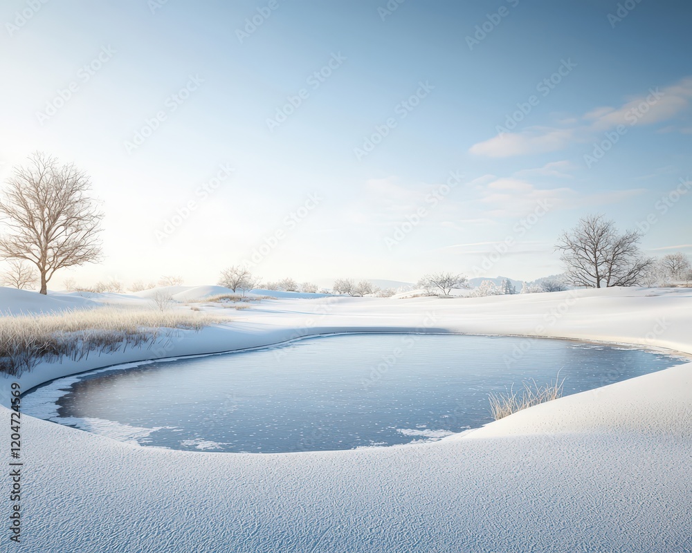 Serene Winter Landscape with Frozen Pond and Trees Serene Winter Landscape with Frozen Pond and Trees