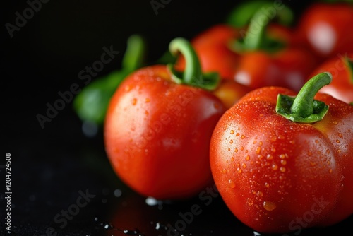 Detailed view of attractive Atarodo peppers on a black backdrop red Scotch Bonnet peppers also on black photo