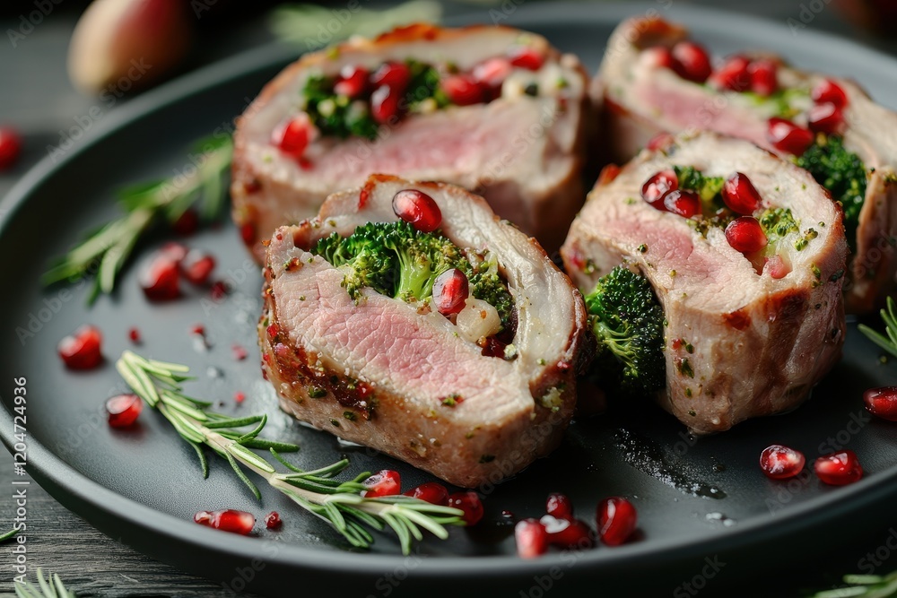 Detailed view of roasted pork loin filled with prosciutto and broccoli rabe garnished with rosemary and pomegranate seeds