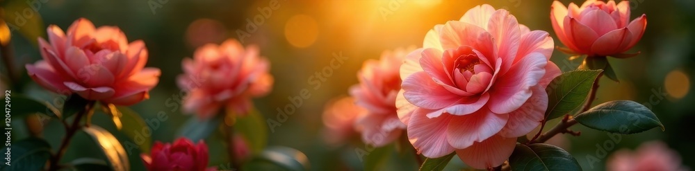 Fototapeta premium Sunlit camellias glowing with warm gentle light, shadowy, florals