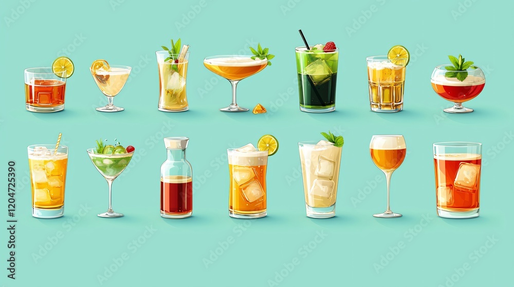 Assorted cocktails and drinks in various glasses against a light blue background illustration