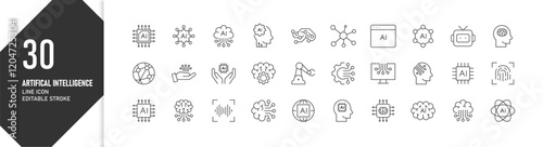 30 Artificial Intelligence Line Icons Collection for Editable Stroke Design, Icon Set for Presentations, Websites, and Educational Materials