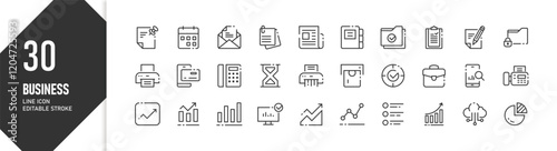 30 Editable Line Icons for Business: Charts, Documents, Communication, and Office Tools for Website Project and  presentations
