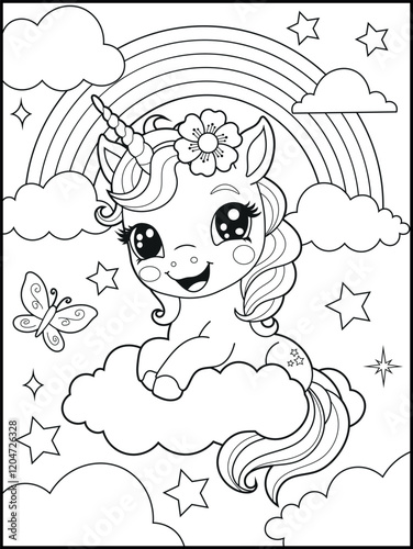 Illustration of a cute baby unicorn cartoon character. Black and white Printable Unicorn coloring page for kids.
