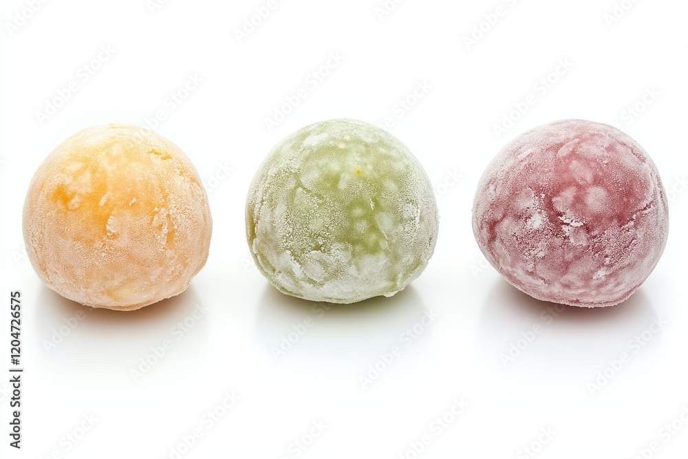 Obraz premium Four varieties of mochi ice cream on a white backdrop with clipping path