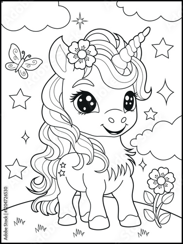 Illustration of a cute baby unicorn cartoon character. Black and white Printable Unicorn coloring page for kids.