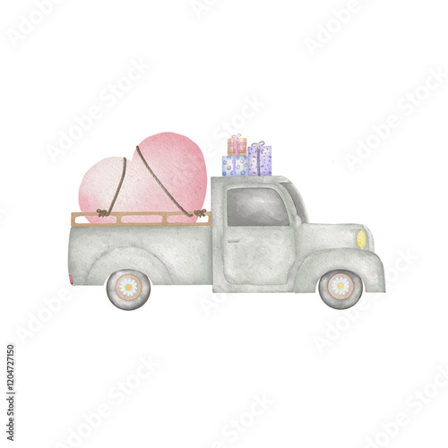 Classic pickup truck illustration in sage green color with big hearth on the back and valentine gifts on the top isolated on transparent background  photo