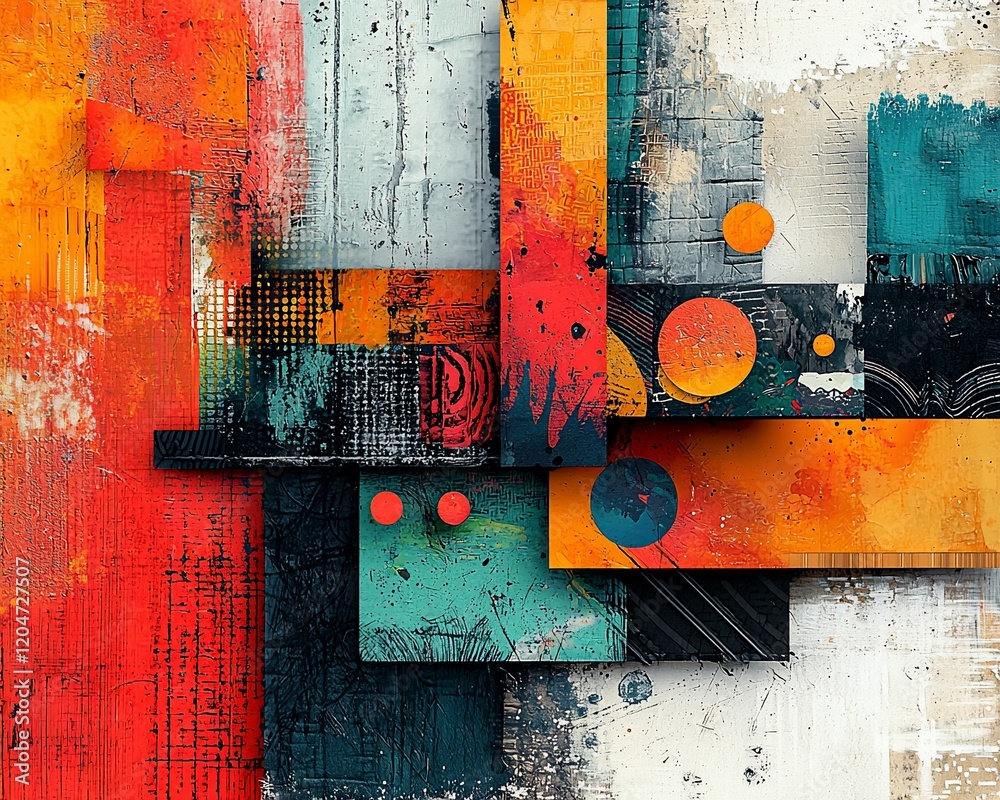 Fototapeta premium Abstract geometric artwork with vibrant colors and layered textures.
