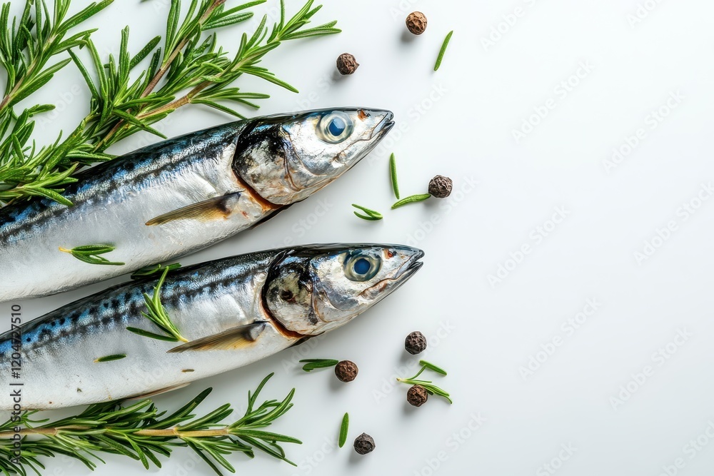 Fresh mackerel with rosemary on a light backdrop Fresh mackerel with rosemary on a light backdrop