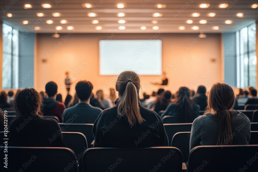 Speaker presenting at modern conference in business event with engaged audience Speaker presenting at modern conference in business event with engaged audience