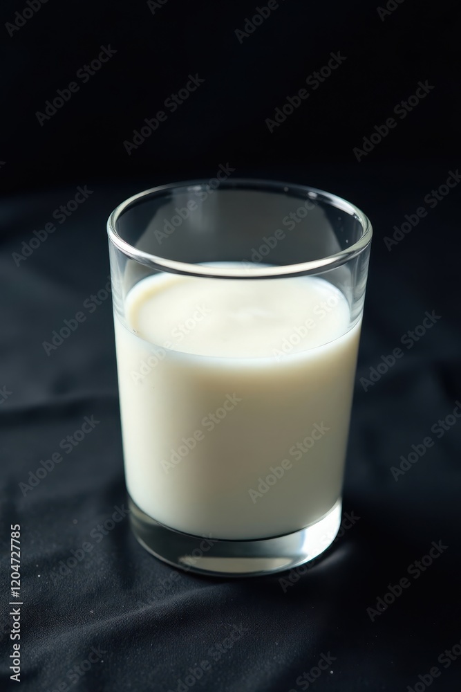 Glass containing a few drops of milk on a dark tablecloth, tablecloth, texture Glass containing a few drops of milk on a dark tablecloth, tablecloth, texture