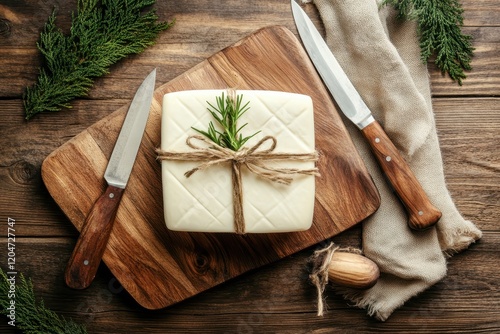 Fresh Turkish kashkaval cheese on a wooden table with a cutting board knife and accessories Aerial perspective photo