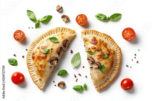 Half and whole baked calzone folded pizza adorned with basil parsley raw mushrooms and cherry tomatoes on a white backdrop photo