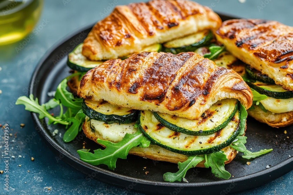 Halloumi and arugula sandwich with grilled zucchini on a blue surface Nutritious meal option Selective focus Halloumi and arugula sandwich with grilled zucchini on a blue surface Nutritious meal option Selective focus