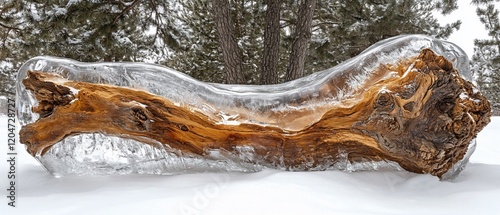 Frozen log in snowy forest, winter scene photo