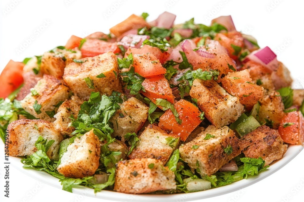 High resolution image of a fattoush dish set against a white background with blurred edges High resolution image of a fattoush dish set against a white background with blurred edges