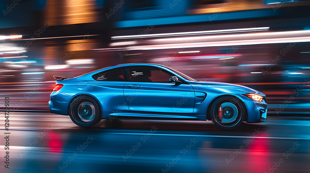 Blue Sports Coupe Driving at Night in City Blue Sports Coupe Driving at Night in City