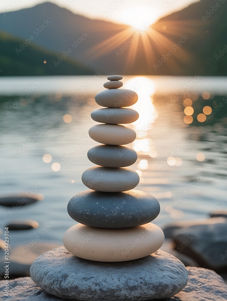 Balanced stack of smooth stones on a rock near a tranquil lake at sunset, symbolizing harmony, meditation, and inner peace, with mountains and water in the background
Balanced stack of smooth stones on a rock near a tranquil lake at sunset, symbolizing harmony, meditation, and inner peace, with mountains and water in the background