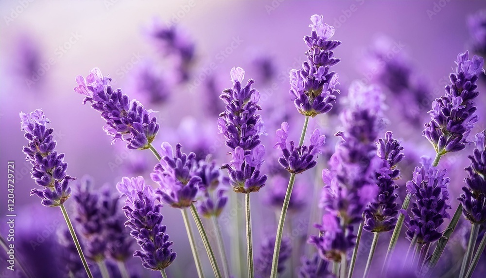 Naklejka premium ラベンダーの蕾が揺れながらライトパープルの背景に映え、春の軽やかさを感じるクローズアップ