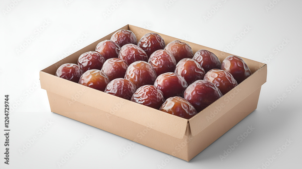 Obraz premium box of dates, with several whole and juicy Medjool dates inside the cardboard packaging, on a white background