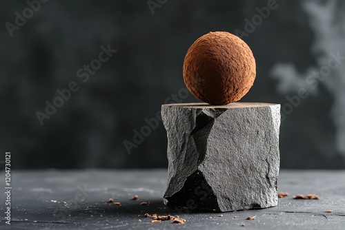 Indulgent cocoa truffle spherical treat on a stone pedestal against a dark backdrop photo