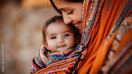 Smiling Indian Mother Adoringly Holding Her Baby Wrapped in a Soft Blanket Under Bright Lighting with a Warm and Loving Expression photo