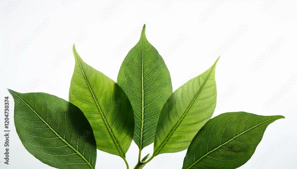 Fototapeta premium 新芽が育つ若葉のクローズアップが白い背景に浮かぶ、穏やかな春の兆し 