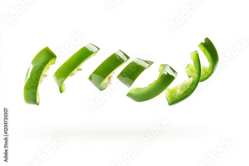 Isolated airborne sliced green jalapeños on a white background Capsicum annuum Cutout photo