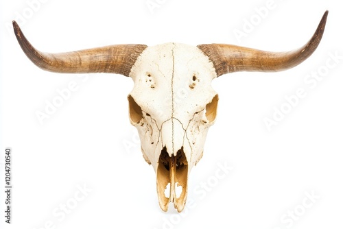 Isolated bull skull featuring long horns on white
