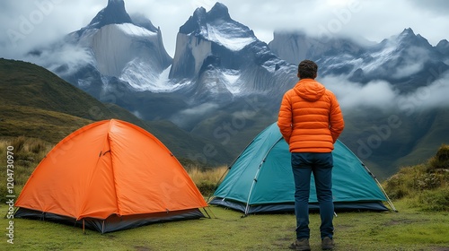 Majestic Mountain Vista: Camper Admires Scenic Peaks and Tents