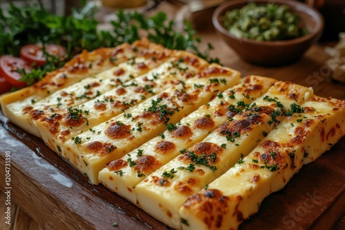 Kashar cheese or kashkaval on wooden floor Slices on serving board Turkish Kars Kasari photo