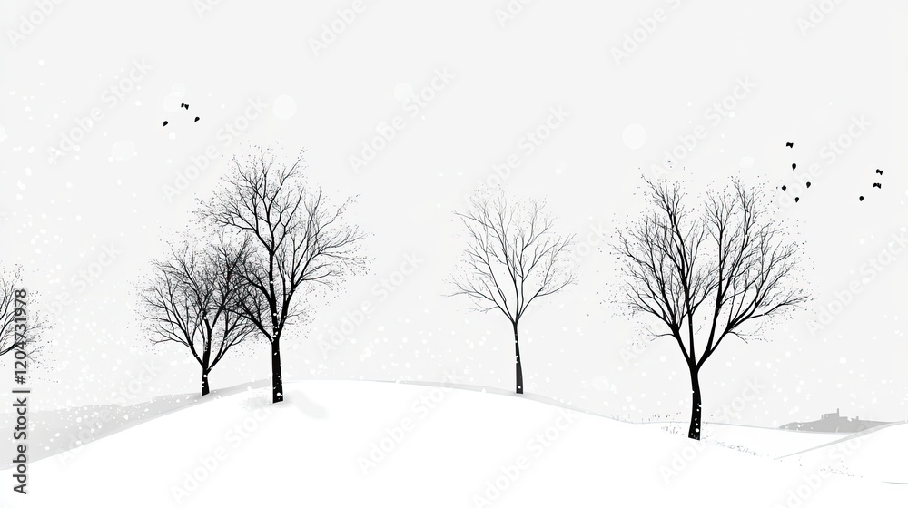 Snowy Winter Landscape With Bare Trees And Birds Snowy Winter Landscape With Bare Trees And Birds