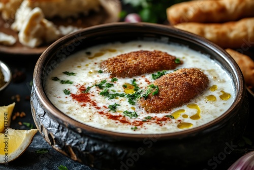 Kibbeh bil laban Arabian yogurt soup with bulgur cutlets on a dark backdrop Focused shot photo