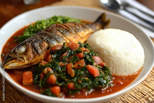 Kenyan dish of kale stew maize mash and tilapia stew photo