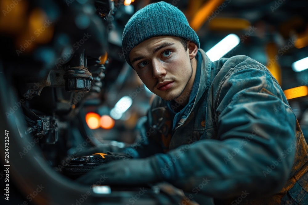 Mechanic Inspects Car Underneath in Auto Repair Service Center Mechanic Inspects Car Underneath in Auto Repair Service Center
