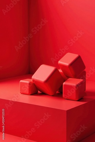 Red cubes on a soft red fabric with a subtle gradient effect, soft, fuzzy
