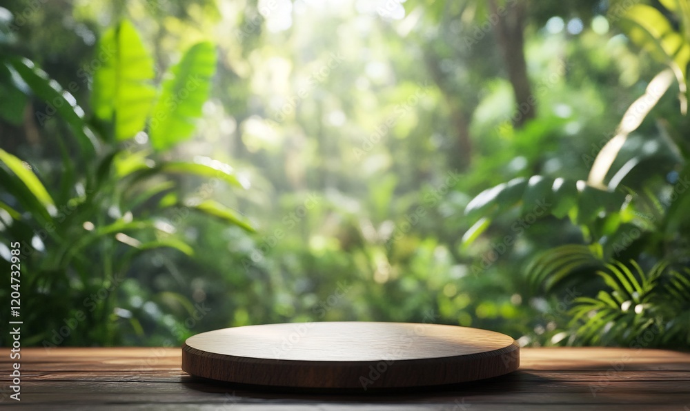 Tropical jungle background, wooden display. Product placement Tropical jungle background, wooden display. Product placement