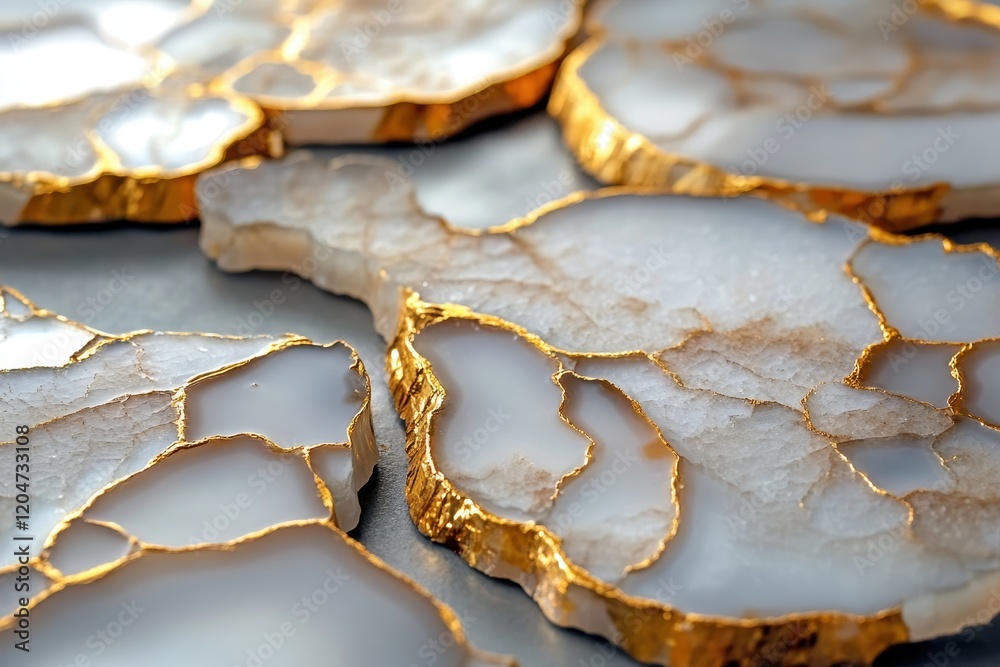 Kintsugi style almond agate slices feature cracks and golden veins with a crystalline texture Kintsugi style almond agate slices feature cracks and golden veins with a crystalline texture