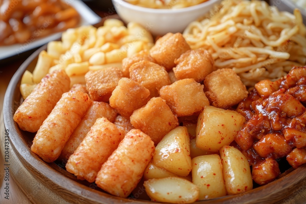 Korean snack mix fried chicken various tteok fish cake sundae cup rice and cheese stick Korean snack mix fried chicken various tteok fish cake sundae cup rice and cheese stick