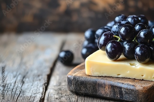 Manchego cheese on a wooden board accompanied by dark blue grapes photo