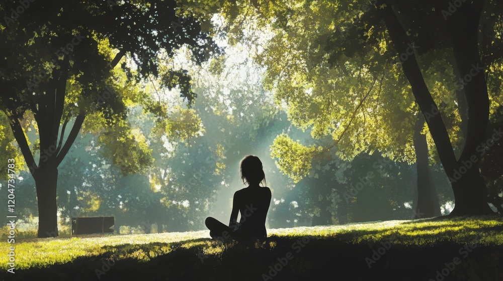 Fototapeta premium Woman Meditating in Serene Forest Sunlight