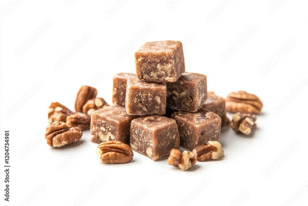 Maple walnut and pecan fudge cubes on a white surface Maple walnut and pecan fudge cubes on a white surface