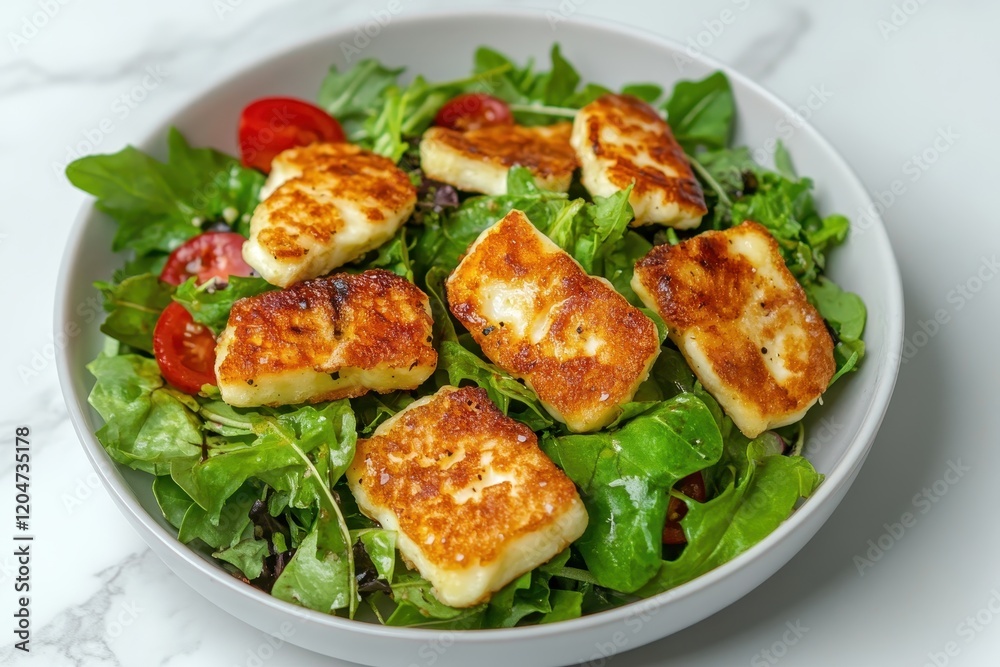 Marble backdrop featuring a white plate of green salad topped with fried halloumi Marble backdrop featuring a white plate of green salad topped with fried halloumi