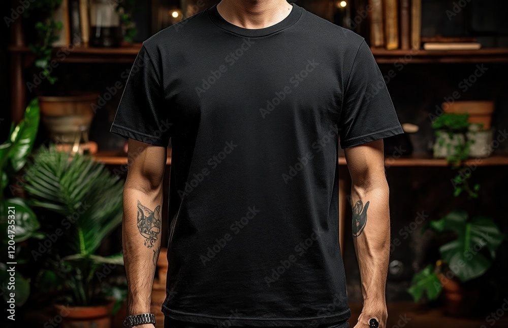 Fototapeta premium Black T-Shirt Displayed on Minimalist Wooden Hanger in Soft Natural Light