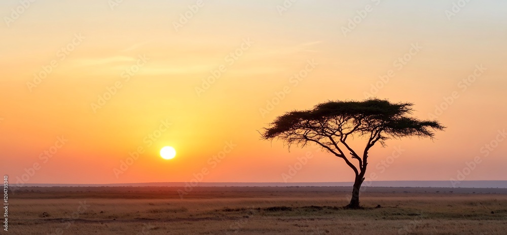 Sunrise over African savanna, single acacia tree. Peaceful landscape Sunrise over African savanna, single acacia tree. Peaceful landscape