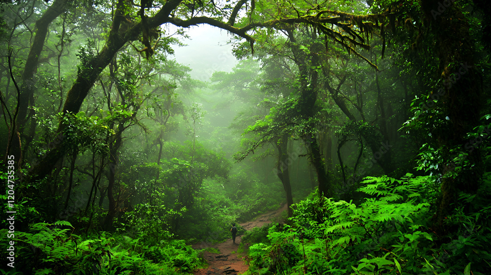 Fototapeta premium Misty Rainforest Trail, Person Hiking, Lush Canopy, Adventure Travel