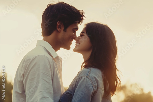 Young Couple in Love Sharing Forehead Kiss with Sunlit Cinematic Romantic Aura, Full-Body Embrace.