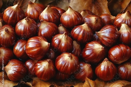 Glossy Chestnuts Close-Up with Dramatic Lighting and Texture Details
