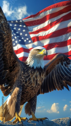 Wavy American flag with an eagle symbolizing strength and freedom . 4th of July Memorial or Independence day background